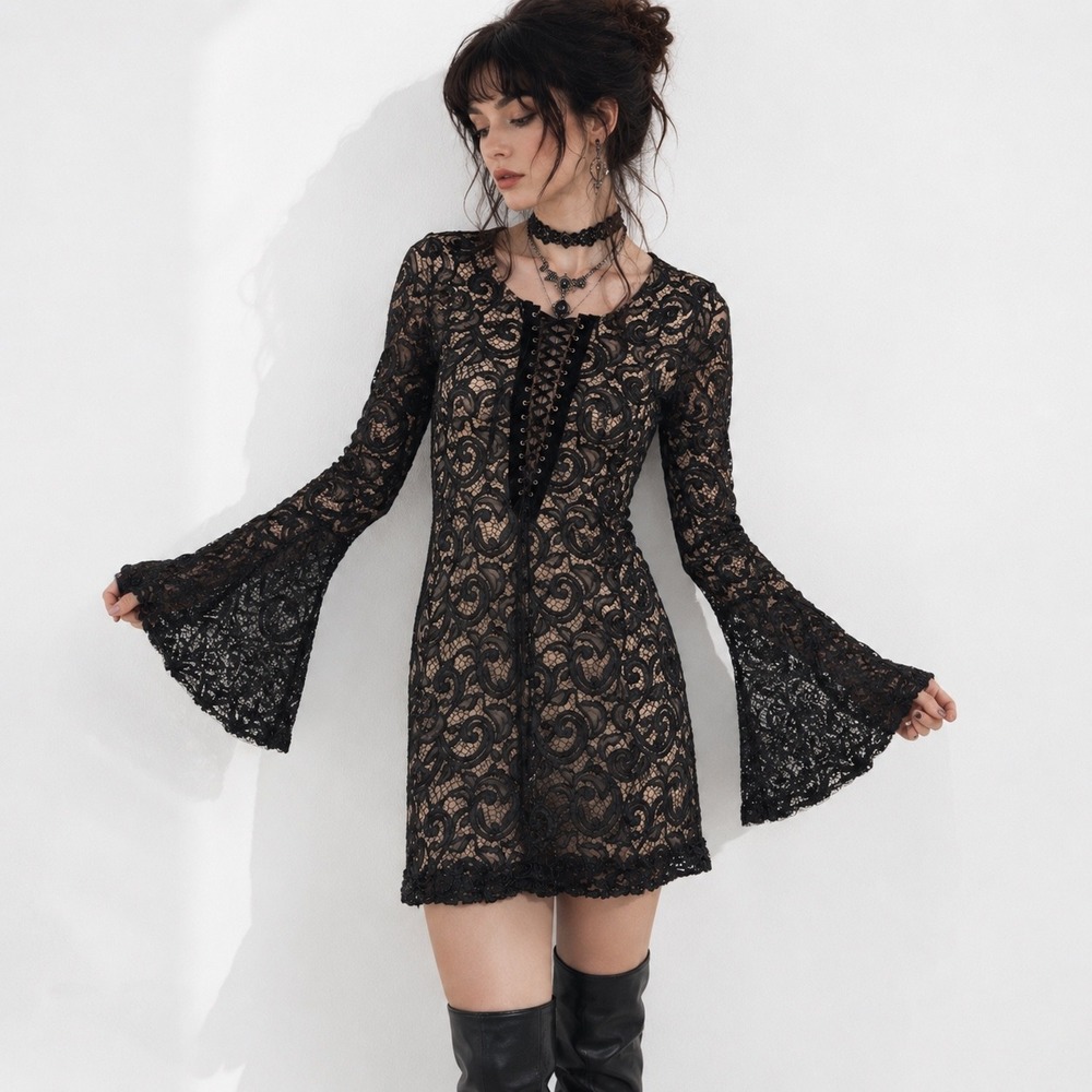 Black Lace Bell-Sleeve Mini Dress